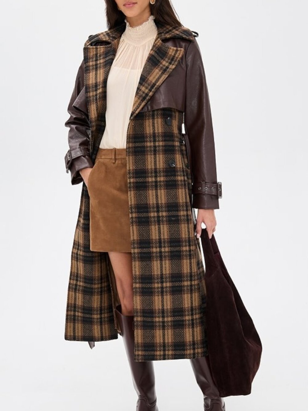 Avec Les Filles Faux Leather Oversized Plaid Trench Coat